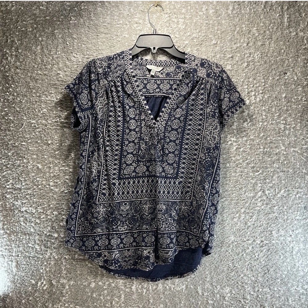 Lucky Brand Peasant Top Bohemian M Short‎ Sleeve Aztec Print Blue Lightweight